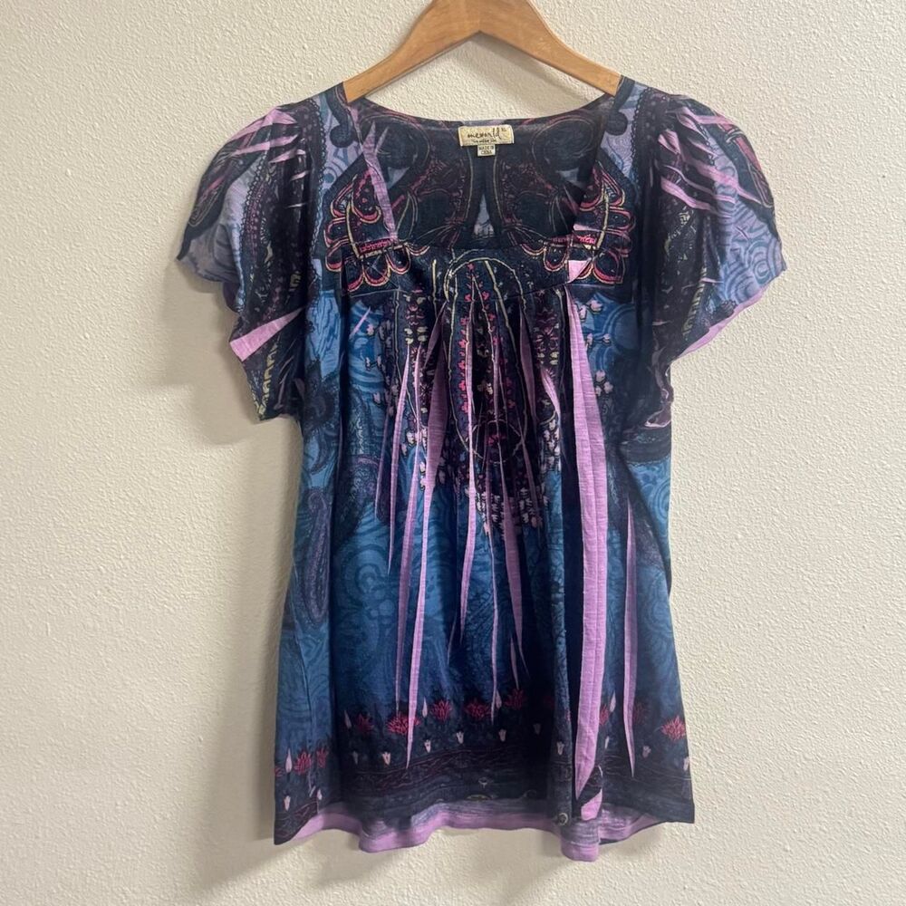 One World XL Blue Purple Boho Paisley Babydoll Tunic Top